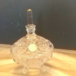 Oval Crystal Candy Dish with Finial Lid-floral- geometric